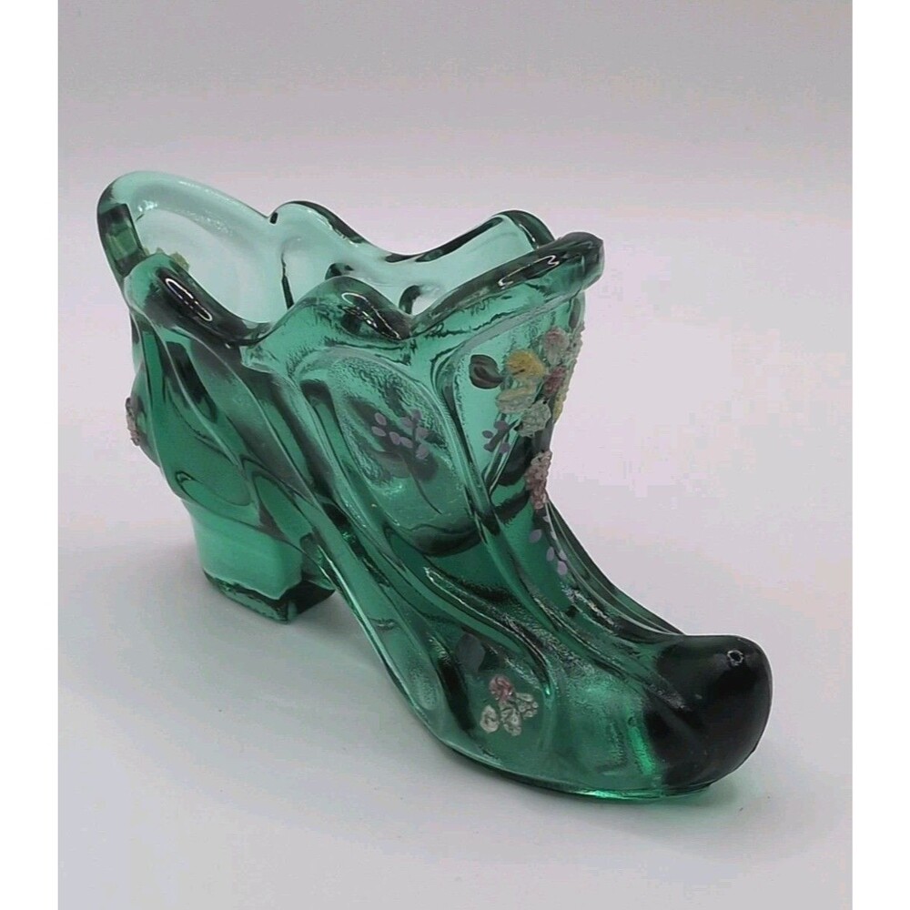 Fenton Art Glass Victorian Forest Green Hand Painted Floral Design Slipper Shoe